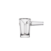 The MJ Arsenal Basin Bubbler, made from clear borosilicate glass, features a side handle and spout for pouring. Etched measurement markings make it ideal for precise water filtration, displayed here against a plain white background.