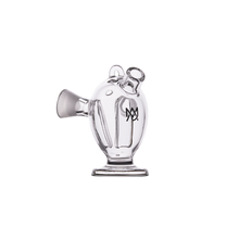 The MJ Arsenal Dubbler Original Double Bubbler is a clear borosilicate glass piece with a wide base, angled mouthpiece, top opening, and black logo on the front. It offers water filtration and is shown against a plain white background.