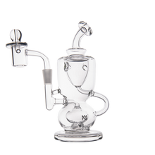 The MJ Arsenal Titan Mini Dab Rig is a clear borosilicate glass recycler with curved tubes, a wide base, and a side handle, displayed on a plain white background.