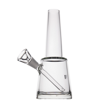 The MJ Arsenal Summit Bong, made of clear borosilicate glass with a cylindrical chamber, angled mouthpiece, and side bowl attachment, delivers smooth water filtration and is shown against a white background.