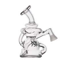 The MJ Arsenal Hydra Vape Edition is a clear glass water pipe with a bent neck, round base, side-facing joint, and black logo—this splash-resistant bubbler delivers smooth sessions without unwanted splashes.