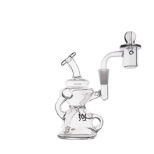 The MJ Arsenal Hydra Mini Dab Rig is a clear glass Klein recycler with a cylindrical base, curved neck, angled mouthpiece, small handle, attached banger for concentrates, and features the manufacturer's black logo.