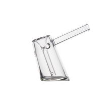 The MJ Arsenal Fulcrum Bubbler, made from durable borosilicate glass, features a cylindrical mouthpiece and angled flat base, shown here in clear glass on a plain white background.