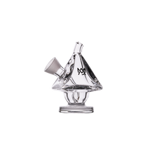 The MJ Arsenal King Bubbler is a clear borosilicate glass smoking accessory with a conical shape, water filtration, side mouthpiece, wide base, and a black MW logo on the front.