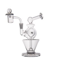 The MJ Arsenal Gemini Mini Dab Rig is a portable borosilicate glass dab rig with multiple chambers, angled connectors, a dome percolator, and a stable flat base, shown on a plain white background.