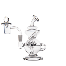 The MJ Arsenal Mini Jig Mini Dab Rig, featuring intricate twisting chambers, recycler function, and a side-mounted quartz banger, is shown on a plain white background.