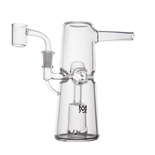 The MJ Arsenal Turret Mini Dab Rig is a clear borosilicate glass rig with a cylindrical base, angled mouthpiece, percolator, side arm for bowl, and a minimal black logo—ideal as a portable dab rig.