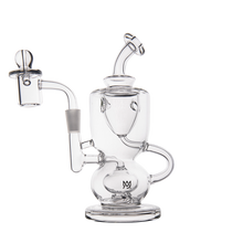 The MJ Arsenal Titan Mini Dab Rig features clear borosilicate glass, a curved mouthpiece, side handle, percolator chamber, and attached bowl, shown on a plain white background.