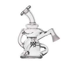 The MJ Arsenal Hydra Vape Edition is a clear glass mini dab rig with a unique curvy design, angled mouthpiece, and black logo on the base, shown upright on a white background.