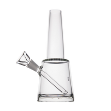 The MJ Arsenal Summit Bong, made from clear borosilicate glass with a wide conical base, cylindrical neck, and angled bowl, is shown on a plain white background to emphasize its sleek water filtration design.