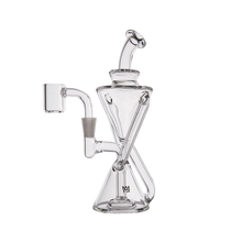 The MJ Arsenal Time Turner Mini Dab Rig, made of clear borosilicate glass, features an hourglass chamber, side-arm joint, and angled mouthpiece, and is shown on a white background.