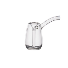 The MJ Arsenal Bulb Bubbler is a clear mini bubbler pipe with a straight spout and rounded base, crafted from borosilicate glass, shown against a plain white background.