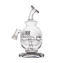 The MJ Arsenal Royale Vape Edition is a clear glass dab rig with a rounded body, angled mouthpiece, side-mounted joint, and black logo on the front, photographed on a white background.