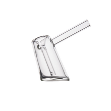 The MJ Arsenal Fulcrum Bubbler, made from durable borosilicate glass, features a slanted base and a long straight mouthpiece, shown here on a plain white background.