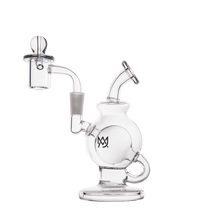 The MJ Arsenal Atlas Mini Dab Rig is a clear borosilicate glass water pipe featuring a round chamber, angled mouthpiece, detachable top piece, circular base, and the bold MJ logo on the front.