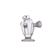 The MJ Arsenal Dubbler Original Double Bubbler, crafted from clear borosilicate glass with a crown logo and accented by a short spout and leaf detail, offers a stylish apple-shaped design against a plain white background.