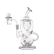 MJ Arsenal Titan Mini Dab Rig made of clear borosilicate glass, featuring a cylindrical chamber, curved mouthpiece, side handle, and attached glass bowl, shown on a plain white background.