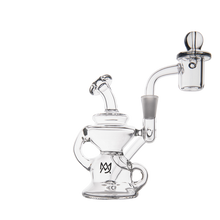 The MJ Arsenal Hydra Mini Dab Rig is a clear glass Klein recycler with a unique spiral design, round base, angled mouthpiece, side handle, and dome banger with marble cap. The etched MJ logo appears on the main chamber.