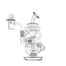 The MJ Arsenal Infinity Mini Dab Rig is a clear borosilicate glass recycler with swirling tubes, a bent mouthpiece, and a domed left-side attachment. A small crown logo appears near the base.