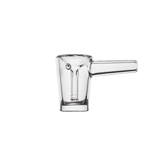 The MJ Arsenal Basin Bubbler, a clear borosilicate glass piece with a handle and modern minimalist design, is displayed against a plain white background.