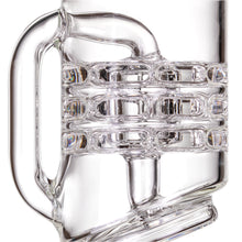 Close-up of the MJ Arsenal Alpine Series - Halo Peak Top, a clear borosilicate glass mug featuring a geometric textured pattern and sturdy handle, showcased empty against a white background for a premium glass upgrade.