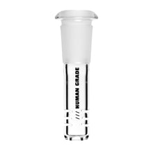 The Human Grade Downstems are clear glass adapters with a frosted top and "HUMAN GRADE" printed vertically, featuring multiple airflow slits—ideal as a 14mm water pipe replacement.