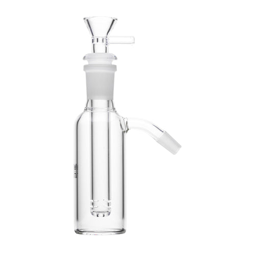 The Human Grade Tube Ash Catcher features a clear cylindrical body, vertical percolator, funnel-shaped bowl on top, angled side nozzle, and a 14mm joint for a clean, minimalistic water pipe upgrade.