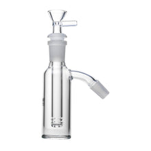 The Human Grade Tube Ash Catcher features clear glass, a vertical cylindrical chamber, funnel-shaped top, 14mm joint, and side spout for connecting to other water pipe equipment, shown isolated on a white background.