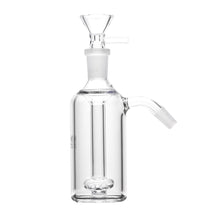 The Human Grade Standard Ash Catcher is a clear glass water pipe accessory featuring a cylindrical body, flower bowl funnel on top, downstem, and side joint for easy attachment and cleaning.