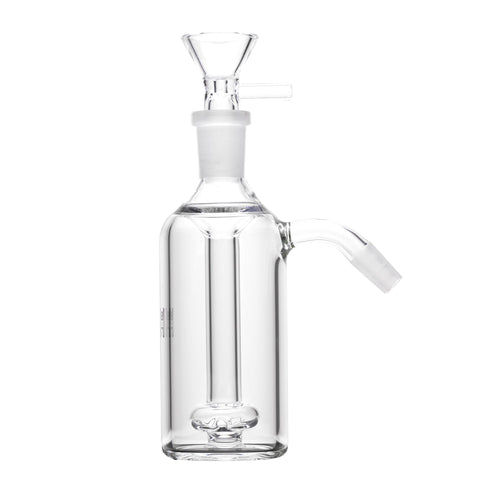 The Human Grade Standard Ash Catcher is a clear glass water pipe accessory featuring a cylindrical body, flower bowl funnel on top, downstem, and side joint for easy attachment and cleaning.