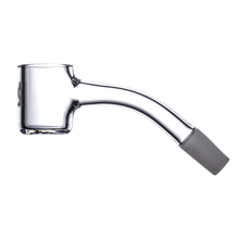 The MJ Arsenal 45 Degree Full Weld Quartz Banger features a cylindrical chamber, bent neck, and frosted connector. Compatible with MJA water pipes, this clear glass attachment is shown on a white background.