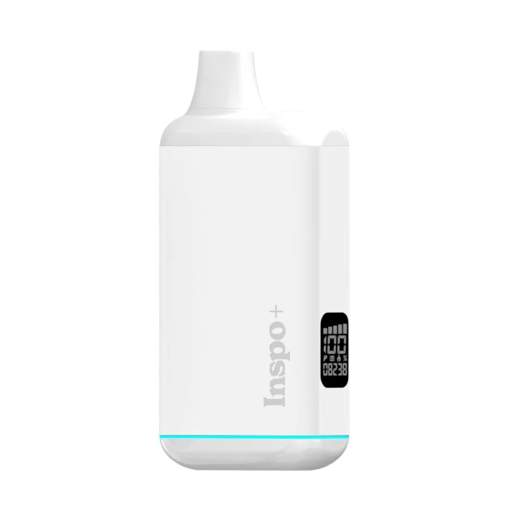 The Randy's Inspo Plus 510 Thread Battery Vaporizer is a white, rectangular device with a top mouthpiece, small digital display at the lower right, and a faint blue light along the bottom—ideal for use with 510 Tanks.