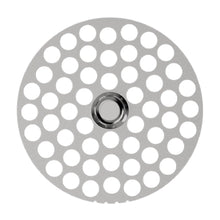 A round metal disc, like the Flower Mill 2.5" Mill Plates, with evenly spaced circular holes and a central hole, resembling a grinding or strainer plate, is shown from above against a white background.