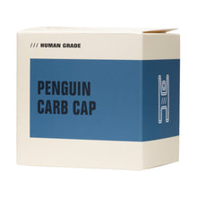 A cream and blue box labeled Human Grade Penguin Carb Cap, featuring minimalist line art—crafted from premium borosilicate glass to enhance your dab rig experience.