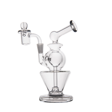 The MJ Arsenal Gemini Mini Dab Rig is a portable dab rig made from durable borosilicate glass with a round chamber, angled mouthpiece, and detachable bowl, displayed on a plain white background.