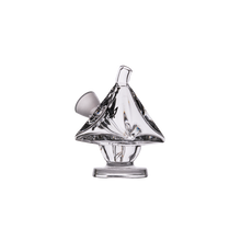 The MJ Arsenal King Bubbler is a clear borosilicate glass piece with a conical, tent-like shape, round base, and short angled spout on the left side for water filtration, shown against a plain white background.