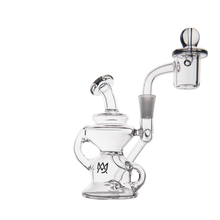 The MJ Arsenal Hydra Mini Dab Rig is a clear glass mini rig with a curved neck, cylindrical chamber, round banger, and the MJ Arsenal logo on its base, shown against a white background.