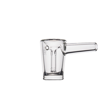 The MJ Arsenal Basin Bubbler is a clear borosilicate glass piece with a cylindrical body and straight side handle, photographed on a plain white background; perfect as a mini bubbler for smooth water filtration.
