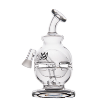 The MJ Arsenal Royale Vape Edition is a clear glass dab rig with a rounded body, bent mouthpiece, and logo on the side, standing upright on a flat, circular base against a white background.