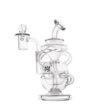 The MJ Arsenal Infinity Mini Dab Rig is made of clear borosilicate glass and features intricate twisted tubing, a round base, a side mouthpiece, and an MJ logo on the front.