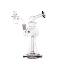 The MJ Arsenal Apollo Mini Dab Rig is a clear borosilicate glass water pipe with a wide base, curved neck, side chamber, and dome-shaped mouthpiece for enhanced flavor, shown on a white background.