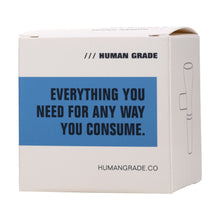 The Human Grade Standard Glass Bowl Slide 10mm/14mm comes in a white box with a blue label stating "EVERYTHING YOU NEED FOR ANY WAY YOU CONSUME," plus HUMAN GRADE and HUMANGRADE.CO—ideal for your 14mm water pipe or borosilicate glass.
