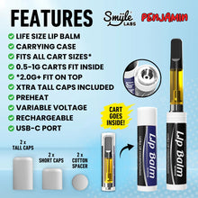 Image shows a promo for the Penjamin Lip Balm Vaporizer 510 Battery—discreetly shaped like a lip balm, with life-size carry case, fits most 510 carts, features variable voltage, USB-C charging, and comes with extra caps.