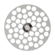 Viewed from above, the Flower Mill 2.5" Mill Plate is a round, flat metal disc with concentric rings of evenly spaced holes and a larger central hole, designed as a replacement plate for Flower Mill Next Gen Premium Grinders.