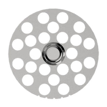 The Flower Mill 2" Mill Plates are round, metallic plates with a central hole and multiple evenly spaced circular holes for consistent sizes—shown on a white background.