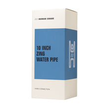 A cream and blue rectangular box labeled "Human Grade Iridescent Zing Water Pipe" with a simple pipe illustration showcases its 10-inch, borosilicate glass Z-shaped water pipe with a 14mm connection.