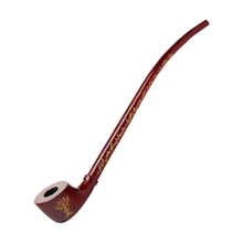 A long, curved Lord Of The Rings Pipe with a deep red-brown finish and gold decorative patterns on the stem and bowl, reminiscent of churchwarden pipes, displayed against a white background.