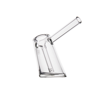 The MJ Arsenal Fulcrum Bubbler features a clear borosilicate glass design with an angled cylindrical body and straight, elongated mouthpiece, displayed on a plain white background.