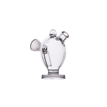 The MJ Arsenal Martian Original Blunt Bubbler, made of clear glass, has a rounded body, two angled top openings, a side opening, and a flat circular base for smooth water filtration, shown against a white background.