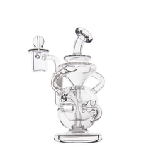 The MJ Arsenal Infinity Mini Dab Rig is a clear borosilicate glass water pipe featuring intricate twisting chambers, a flared mouthpiece, a round base, and a removable bowl attachment.